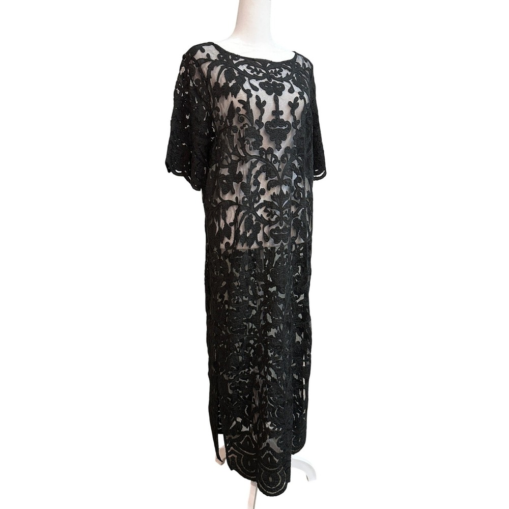 SUNO Black Lace Overlay Maxi Dress Sheer Boat Neck Short Sleeve 8